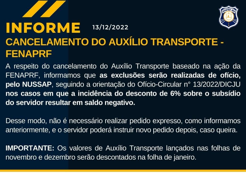 CANCELAMENTO DO AUXÍLIO TRANSPORTE – FENAPRF