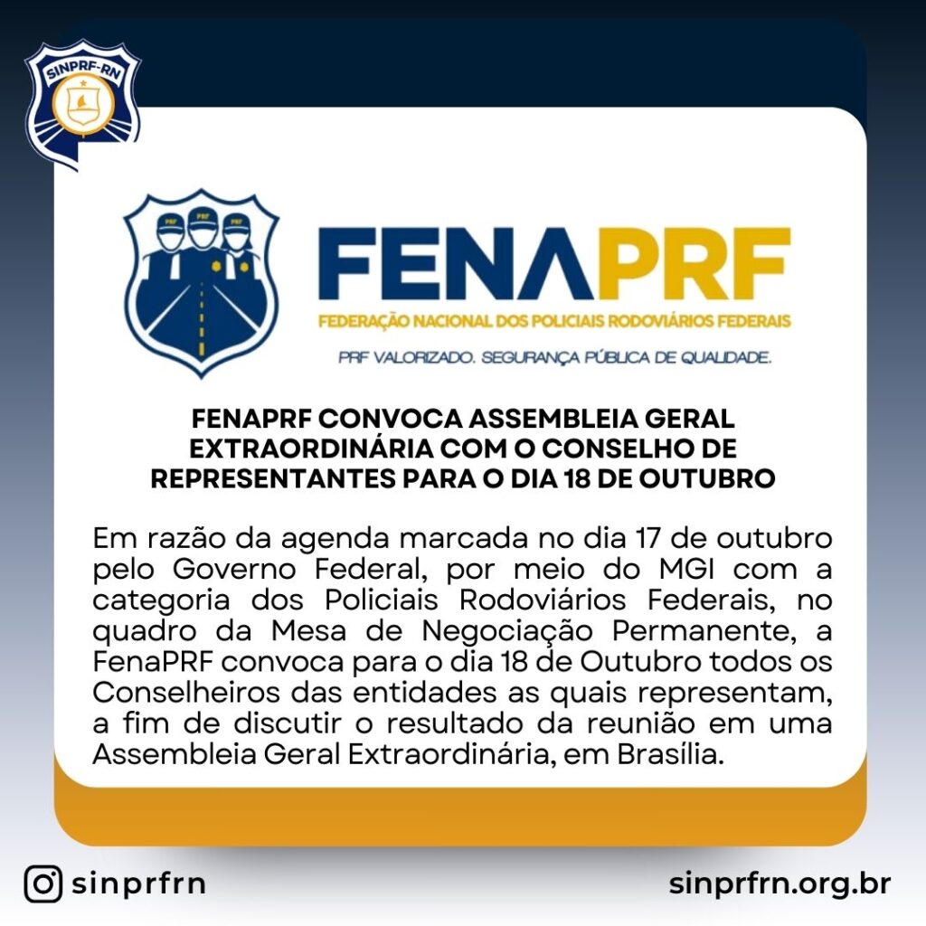 FenaPRF convoca assembleia geral extraordinária com o Conselho de Representantes para o dia 18 de Outubro