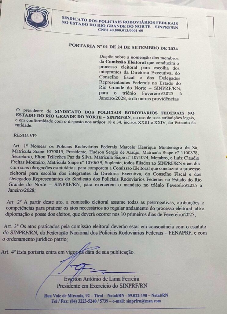 Nomeação da Comissão Eleitoral para Conduzir o Processo Eleitoral do SINPRF/RN para o Triênio 2025-2028