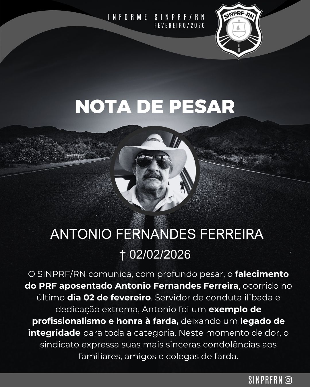 NOTA DE PESAR  – PRF Aposentado Antonio Fernandes Ferreira